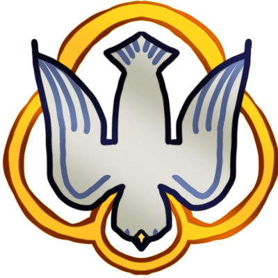 a symbol of a dove, viewed from above and flying downwards. it has a golden halo, and a shape like three golden circles around it.